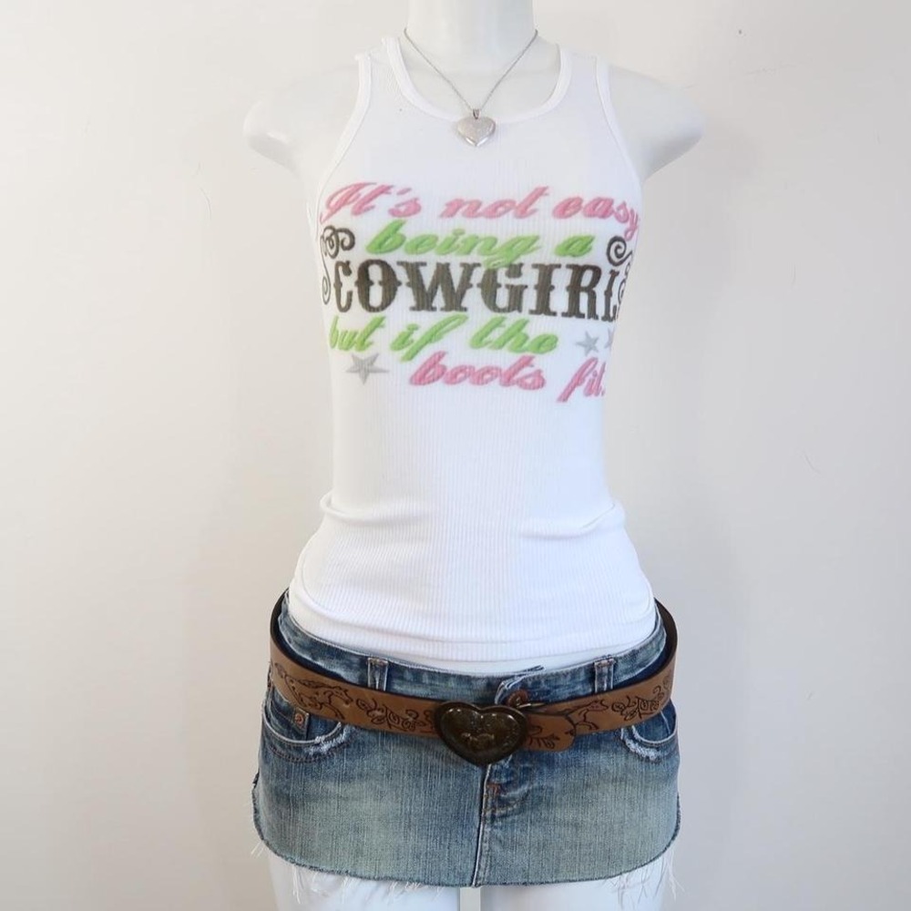 y2k cowgirl graphic tank white ribbed glitter western top size S